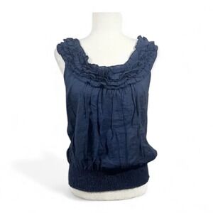 Mine Navy Blue Ruffle Neck Smocked Waist Sleeveless Top Women's Size M